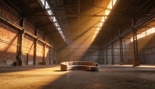 Curved sectional sofa soaking golden sunlight in industrial warehouse interior