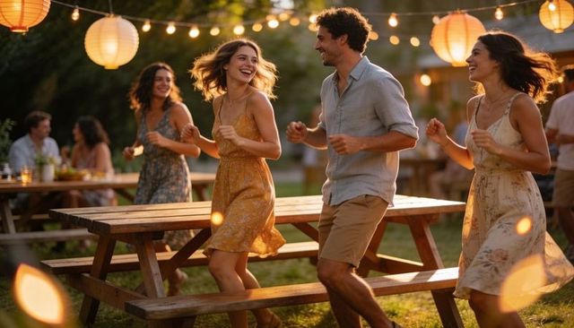 Friends dancing at backyard lantern-lit summer party, floral dresses and linen shirt