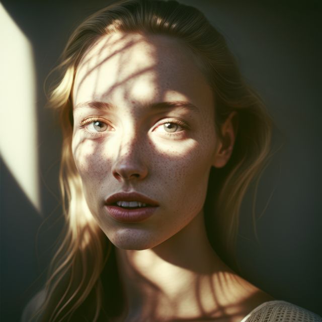 Portrait of thoughtful caucasian woman with freckles, created using generative ai technology. Portrait and character, digitally generated image.