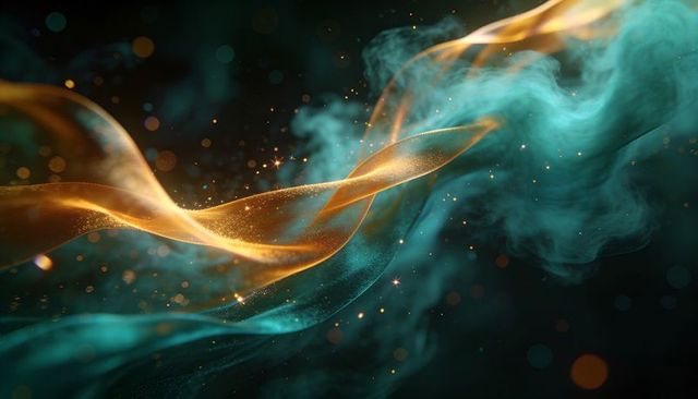 Golden and teal ribbons weaving through luminous dust clouds, abstract light flow