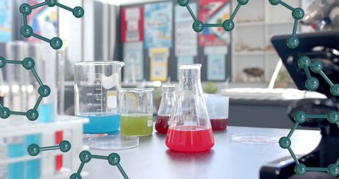 Colorful Chemical Flasks Under Molecular Structures in Laboratory - Download Free Stock Images Pikwizard.com