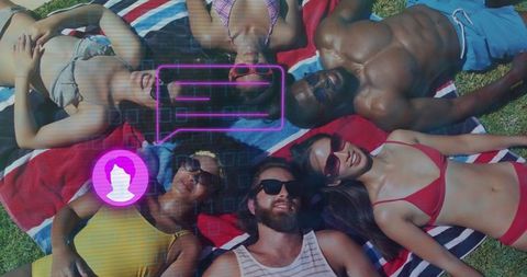 Diverse Friends Relaxing Outdoors With Tech Icons Overlay