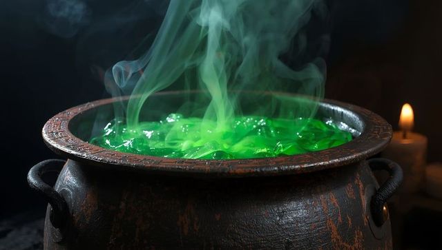 Mysterious Green Potion Bubbling in Iron Cauldron with Vapor