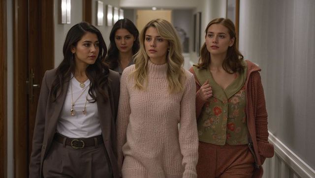 Four stylish women walking through hotel corridor wearing business suits and cozy knitwear