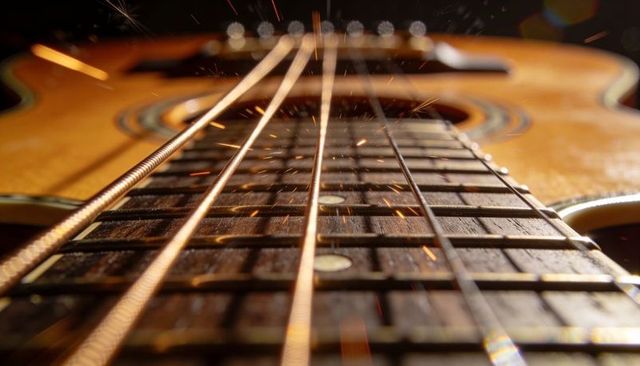 Macro Rosewood Acoustic Guitar Fretboard Showcasing Glowing Sparks and Woodgrain Rosette