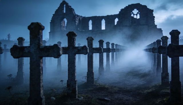Moonlit cemetery avenue leading to ruined gothic abbey with mist and moss-covered crosses