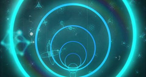 Glowing cyan-teal concentric rings forming holographic tunnel interface with hexagon motifs