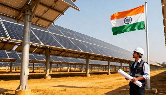 Engineer inspecting solar farm with indian flag holding blueprints and hard hat