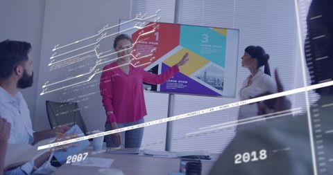 Presenting data with futuristic overlays in modern boardroom for business strategy workshop