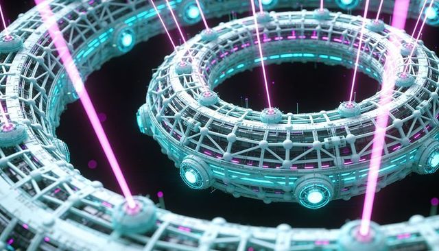 Rotating neon torus network with magenta laser beams and futuristic cybernetic nodes