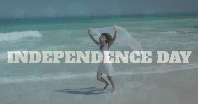 This image depicts a joyful woman celebrating Independence Day at the beach. She is waving a white flag while running along the shoreline, symbolizing freedom and happiness. Great for holiday promotions, patriotic events, travel advertisements, and social media posts related to national celebrations.