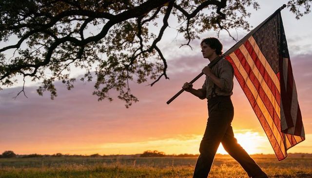 Walking man carrying american flag at sunset across rural field under oak tree silhouette