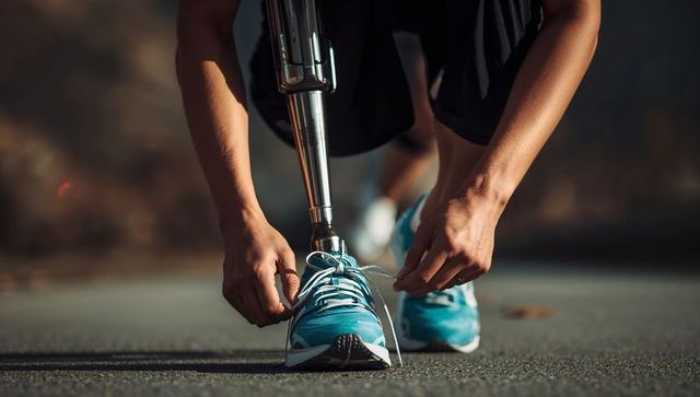 Athlete with Prosthetic Leg Tying Running Shoe Laces Outdoors