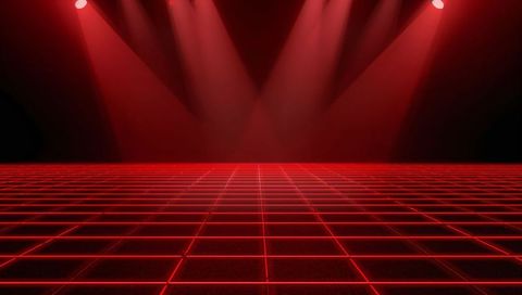 Glowing red neon grid stage with spotlights and retro futuristic haze
