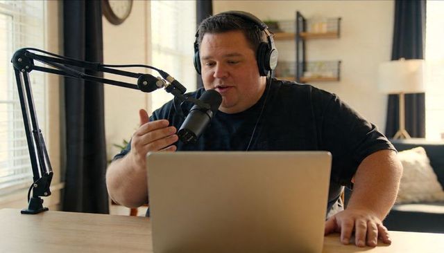 Male podcaster recording engaging live podcast at home studio with microphone and laptop