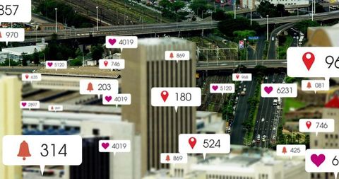 Beige Office Tower Rising Over Downtown with Social Media Geotags, Traffic and Data Alerts