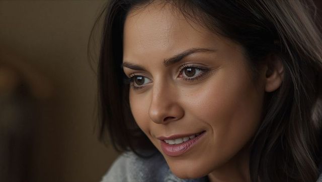 Smiling brunette woman wearing grey knit top looking downward in soft natural light