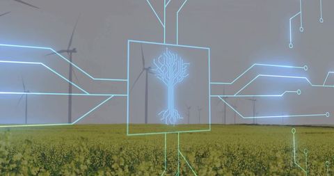 Digital sustainability: neon overlay on wind energy farmland