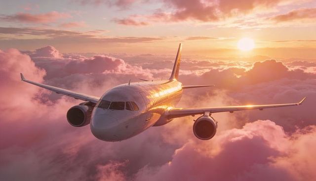 Commercial jet gliding through pink sunset clouds with golden sunlight reflection
