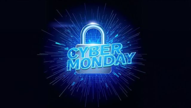 Glowing cyber monday lock with neon cyan burst and digital security concept