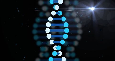 Futuristic DNA Helix with Shining Lens Flare and Blue Glowing Particles