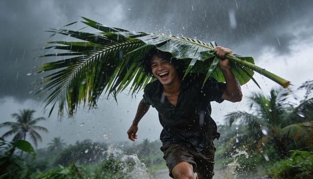 Asian teen running through tropical monsoon holding palm frond, joyful splash and motion