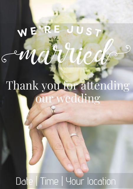 This image captures the close-up of a newly married couple's hands. They are showing their wedding rings and holding a bouquet of white flowers, adding a sense of romance and celebration. Perfect for wedding invites, thank-you cards, or marriage announcements. It conveys the essence of love, unity, and joyful moments shared on a wedding day.