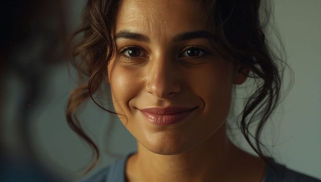 Smiling woman showcasing natural skin texture and loose curly hair in warm studio light