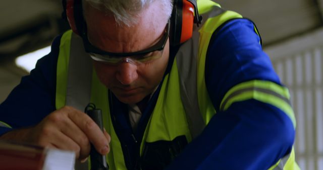 Focused Industrial Worker in Safety Gear Operating Machinery - Download Free Stock Images Pikwizard.com