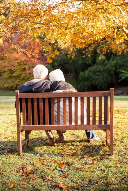 Senior couple seated on a wooden park bench, embracing and enjoying an autumn day. Beautiful fall foliage surrounds them, creating a peaceful and romantic atmosphere. Ideal for use in advertisements promoting senior living, retirement communities, healthcare, or lifestyle content focused on love and companionship in later life.