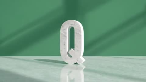 Marble Letter Q Rotating on Glossy Surface with Green Backdrop