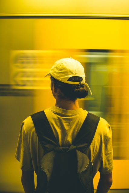 A person wearing a backpack and cap stands at a subway station while a train speeds by, creating a motion blur effect. Perfect for illustrating urban life, public transportation, daily commute, and city hustle. Ideal for articles, blogs, and social media posts focused on metropolitan lifestyle and travel.