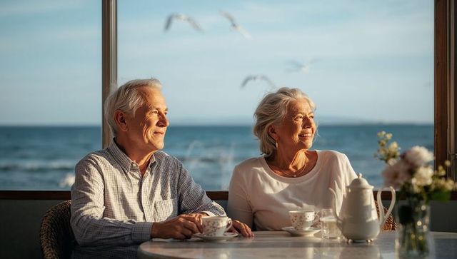 Senior couple sipping tea and smiling by seaside window, enjoying coastal sunrise moment
