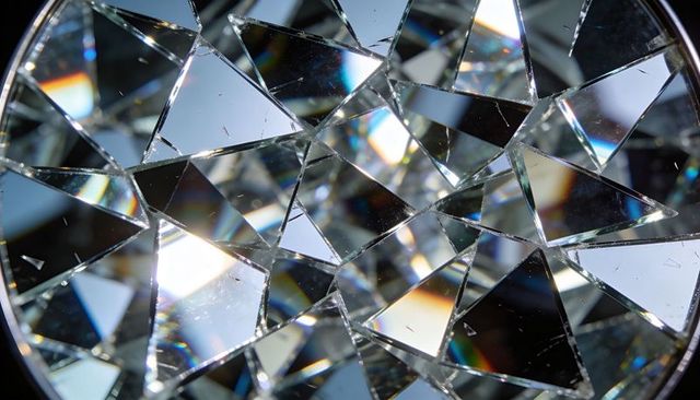 Shattered circular mirror reflecting prismatic light and sharp geometric glass shards