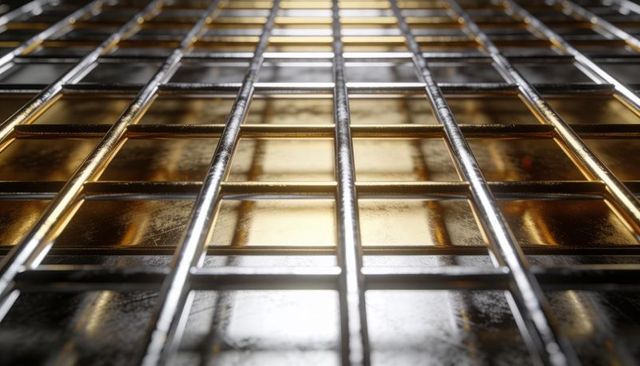 Silver Lattice Grid Receding Over Worn Gold Panels Reflecting Warm Light