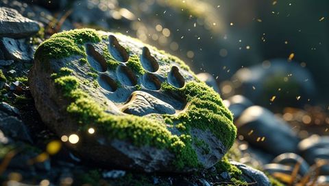 Moss-covered carved stone with glowing particles by riverbank