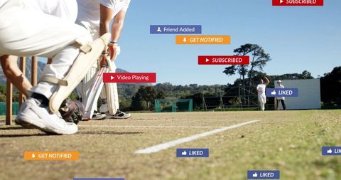 Cricket Batsman Ready to Bat Amidst Social Media Notifications on Field