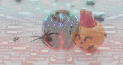 Hovering neon brain glowing over circuit tabletop with smiling pumpkin figurine and insect