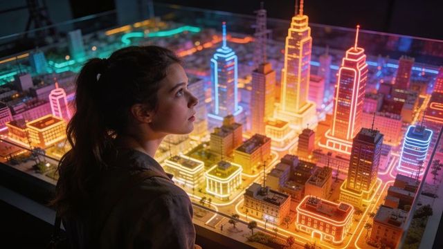 Teen gazing at neon-lit city model, futuristic miniature urban diorama in museum