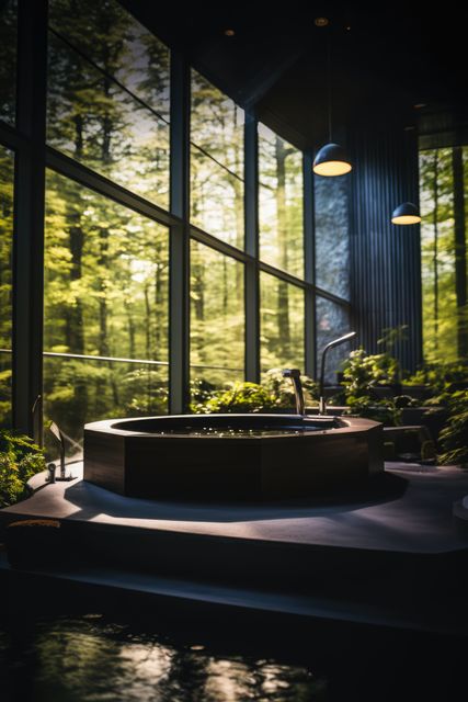 Relaxation pool room with forest view at modern health spa, created using generative ai technology. Health spa, wellbeing, architectural design and luxury concept digitally generated image.