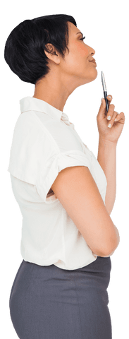 Thoughtful Businesswoman with Pen on Transparent Background