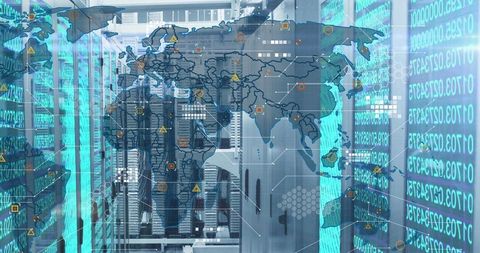 Digital World Map Overlay on Data Center Server Racks