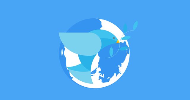 Graphic depiction of a blue dove carrying an olive branch against a globe background. Suitable for peace initiatives, environmental causes, international organizations, and graphical illustrations representing global harmony and unity.