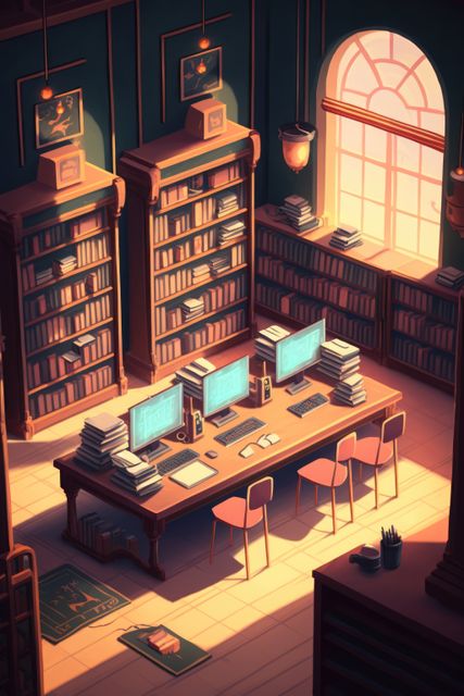 Warm sunlight streams into a cozy library with multiple computer desks and bookshelves lining the walls. Ideal for themes like education, academia, remote work, tranquility, productivity, and vintage charm.