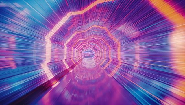 Futuristic neon light tunnel with vibrant glow and reflections
