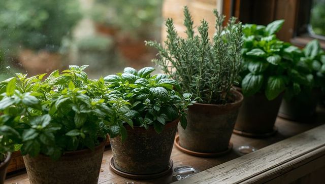 Herb pots lined on weathered windowsill growing mint basil rosemary in terracotta planters