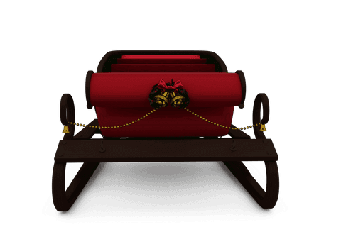 Transparent christmas red sledge with golden bells and decorations