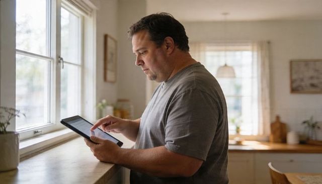 Man using tablet in bright contemporary kitchen standing at wooden counter morning light