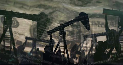 Oil Rig Silhouette with Financial Figures and Dollars Overlay