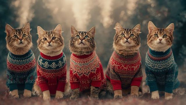 Cozy tabby cats in sweaters sitting on autumn forest clearing